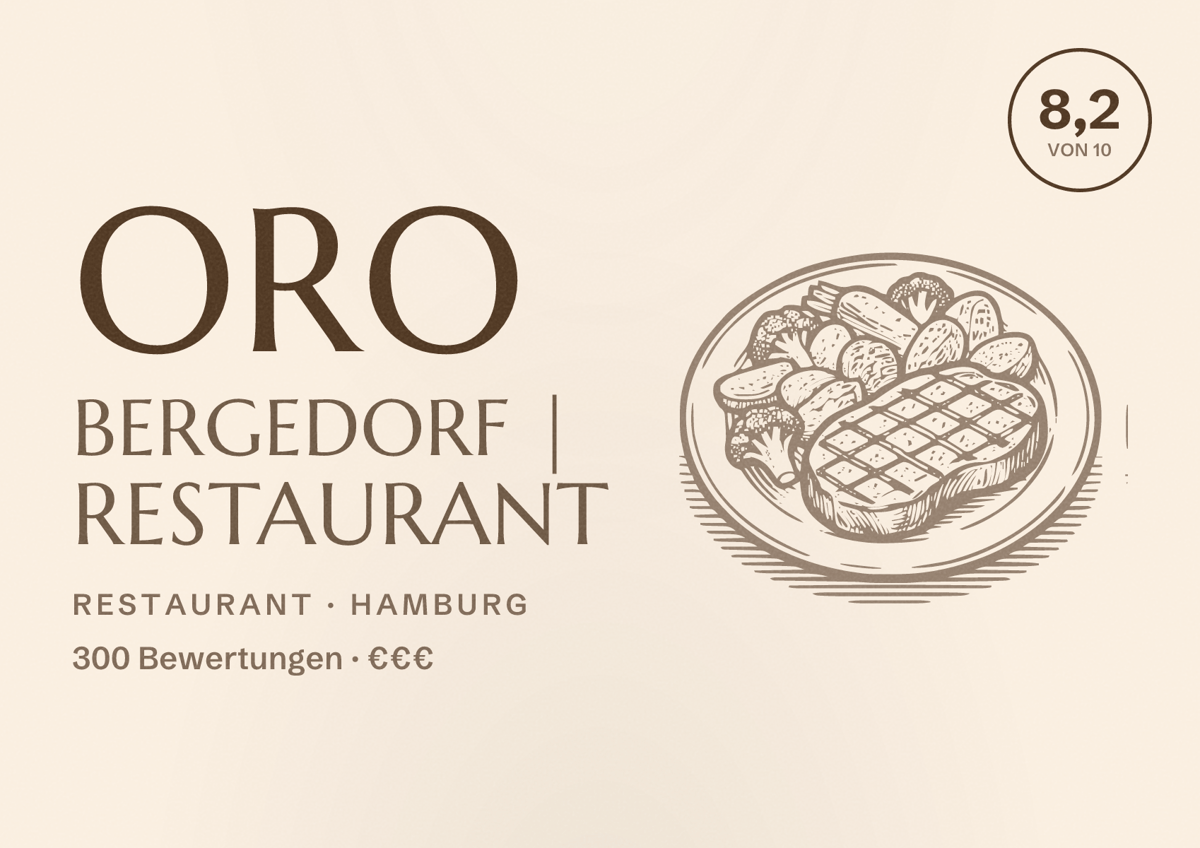 Illustriertes Poster von Oro Bergedorf | Restaurant, Restaurant in Hamburg: Bewertung 8,2 von 10 aus 300 Bewertungen, Preisniveau €€€