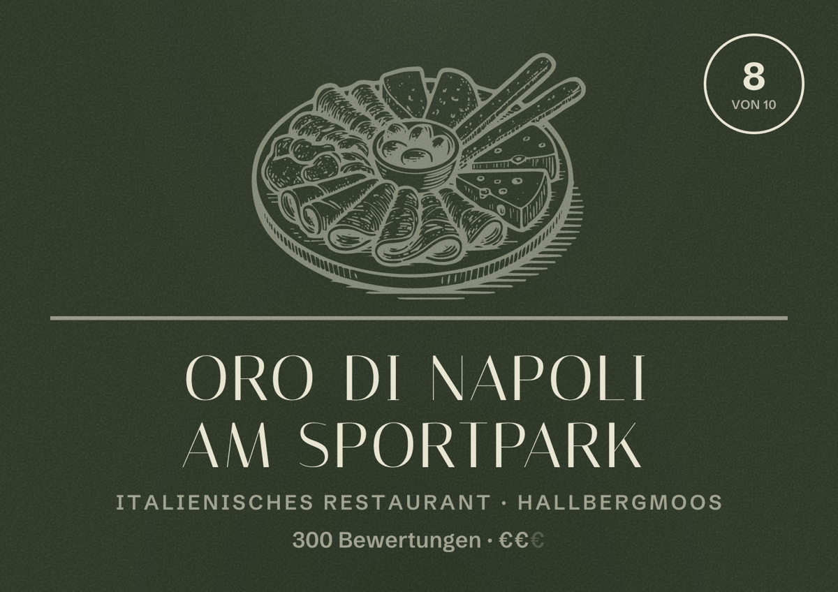 Illustriertes Poster von Oro di Napoli am Sportpark, Italienisches Restaurant in Hallbergmoos: Bewertung 8 von 10 aus 300 Bewertungen, Preisniveau €€