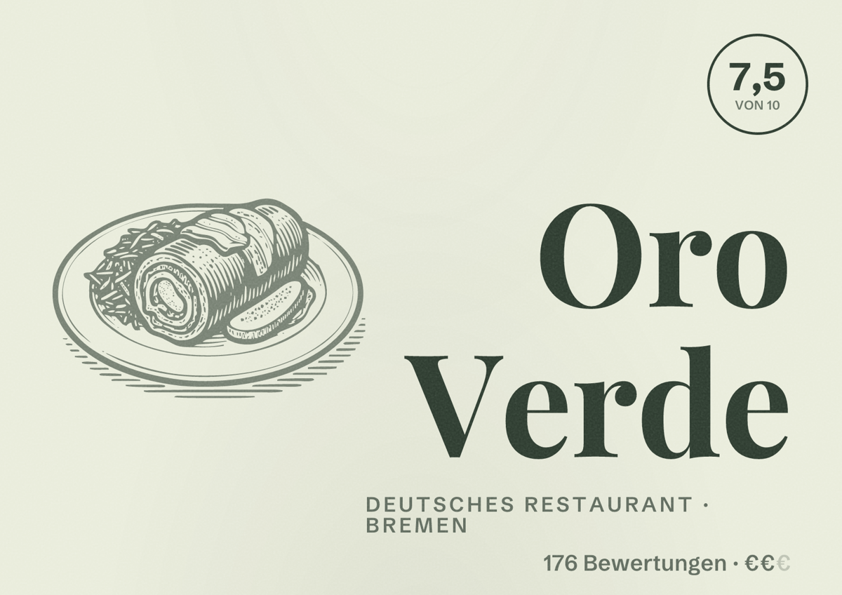 Illustriertes Poster von Oro Verde, Deutsches Restaurant in Bremen: Bewertung 7,5 von 10 aus 176 Bewertungen, Preisniveau €€