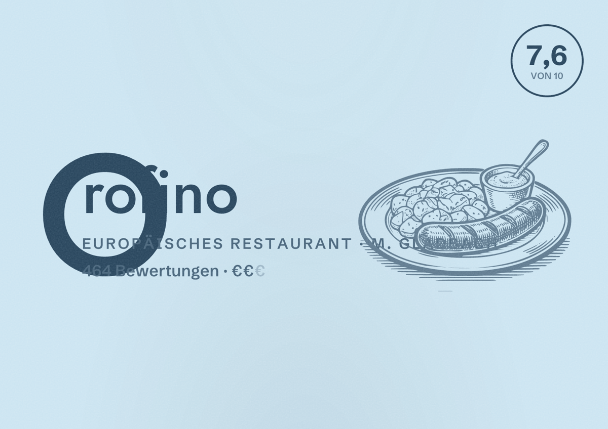 Illustriertes Poster von Orofino, Europäisches Restaurant in M. Gladbach: Bewertung 7,6 von 10 aus 464 Bewertungen, Preisniveau €€