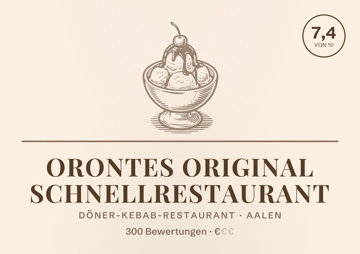 Illustriertes Poster von Orontes Original Schnellrestaurant, Döner-Kebab-Restaurant in Aalen: Bewertung 7,4 von 10 aus 300 Bewertungen, Preisniveau €
