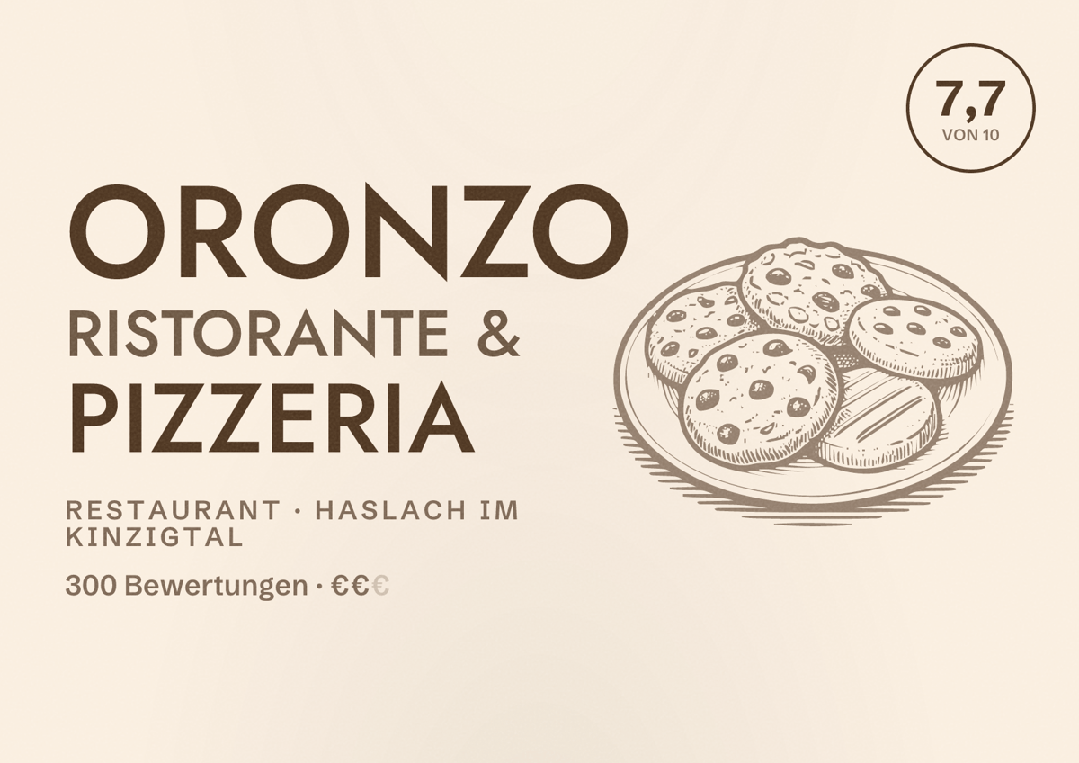 Illustriertes Poster von Oronzo Ristorante & Pizzeria, Restaurant in Haslach im Kinzigtal: Bewertung 7,7 von 10 aus 300 Bewertungen, Preisniveau €€