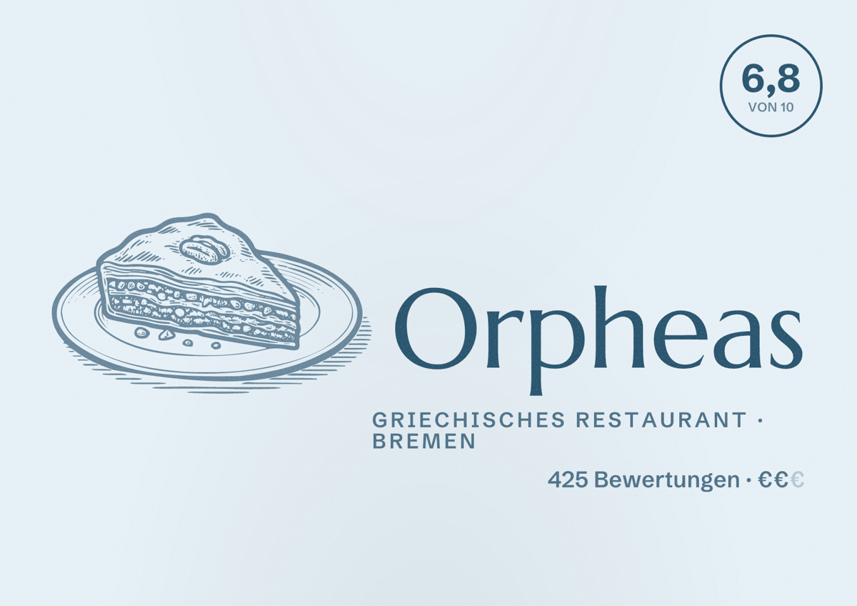 Illustriertes Poster von Orpheas, Griechisches Restaurant in Bremen: Bewertung 6,8 von 10 aus 425 Bewertungen, Preisniveau €€