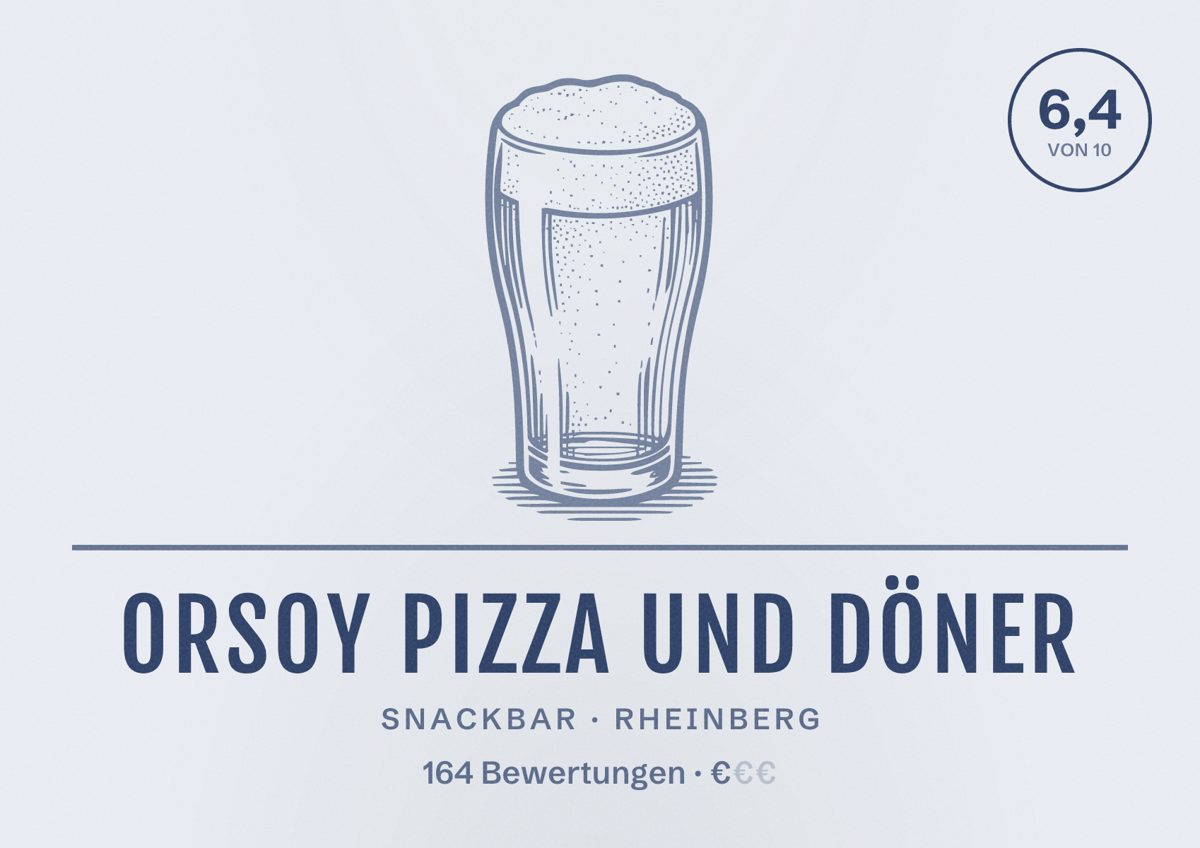 Illustriertes Poster von Orsoy Pizza und Döner, Snackbar in Rheinberg: Bewertung 6,4 von 10 aus 164 Bewertungen, Preisniveau €