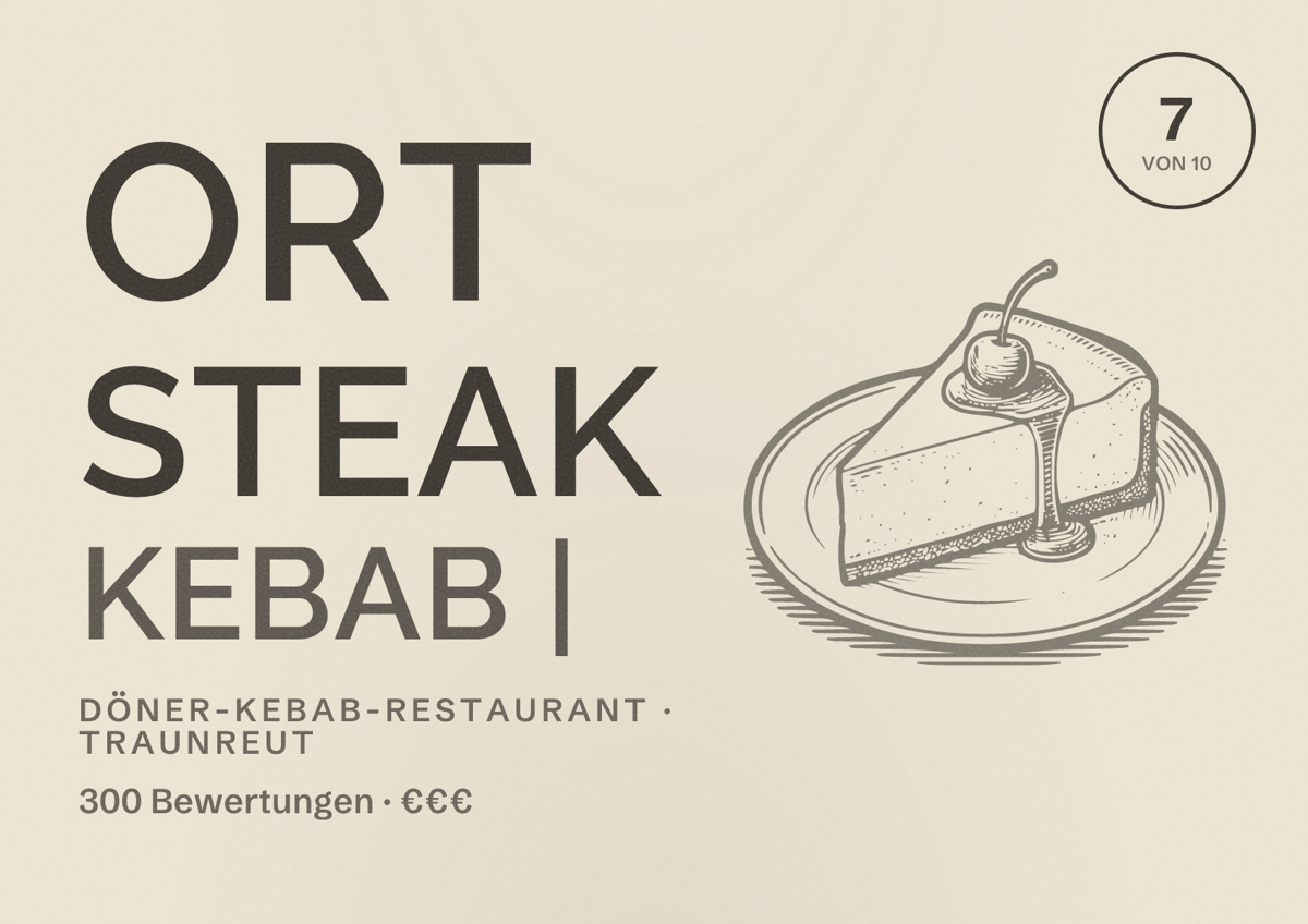 Illustriertes Poster von ORT Steak Kebab |, Döner-Kebab-Restaurant in Traunreut: Bewertung 7 von 10 aus 300 Bewertungen, Preisniveau €€€