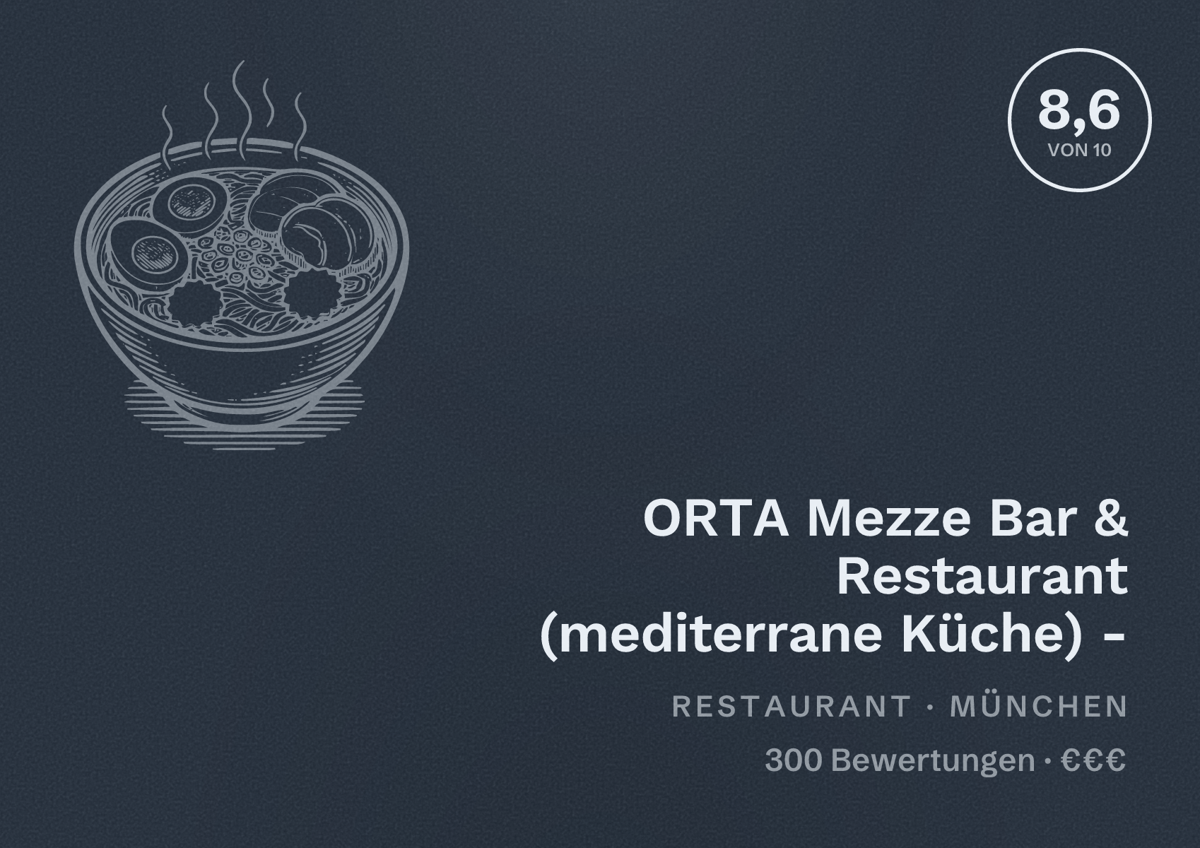 Illustriertes Poster von ORTA Mezze Bar & Restaurant (mediterrane Küche) -, Restaurant in München: Bewertung 8,6 von 10 aus 300 Bewertungen, Preisniveau €€€