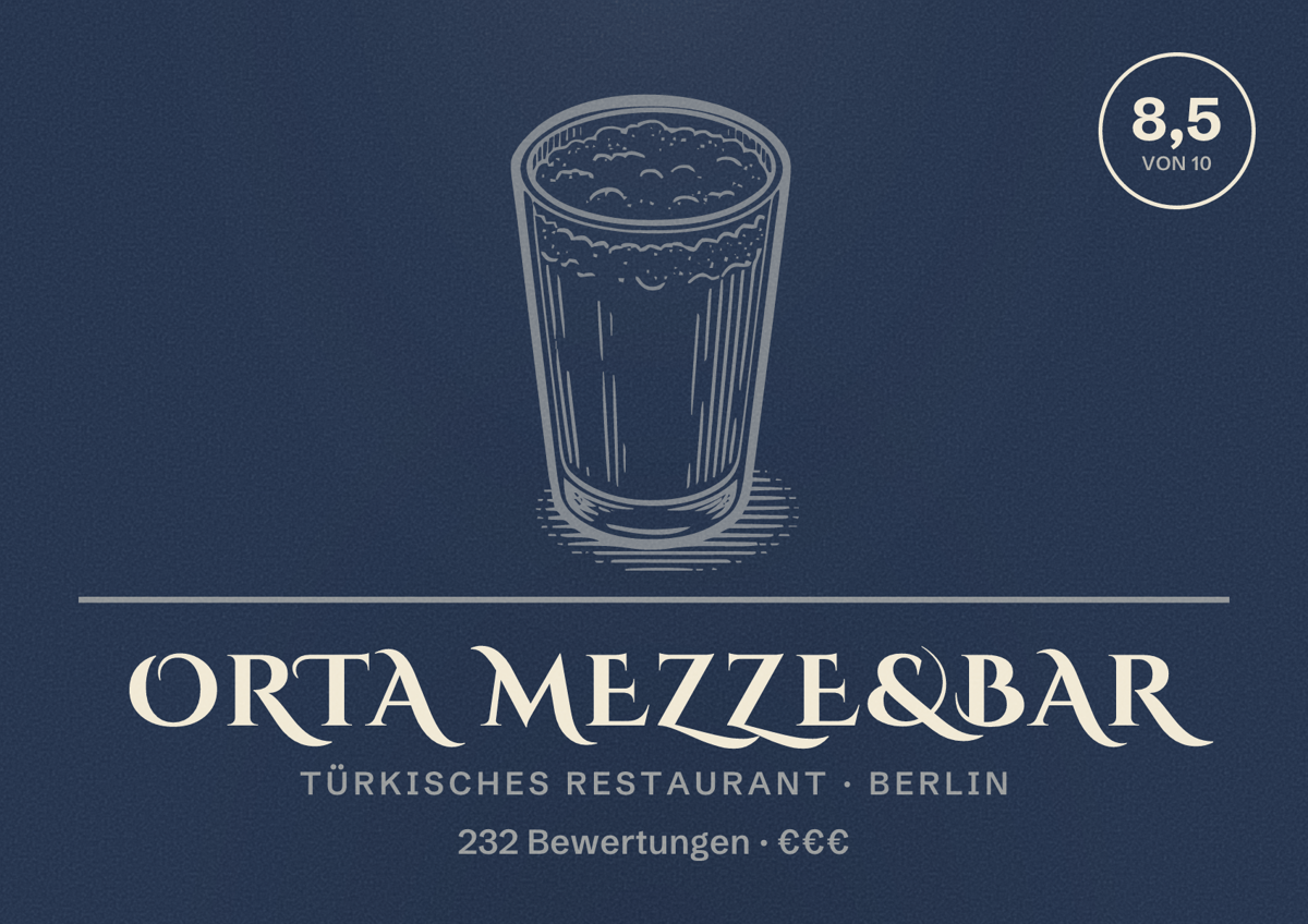Illustriertes Poster von Orta Mezze&Bar, Türkisches Restaurant in Berlin: Bewertung 8,5 von 10 aus 232 Bewertungen, Preisniveau €€€