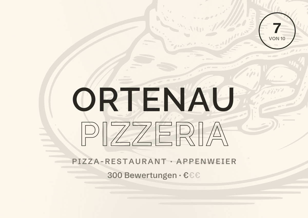 Illustriertes Poster von Ortenau Pizzeria, Pizza-Restaurant in Appenweier: Bewertung 7 von 10 aus 300 Bewertungen, Preisniveau €