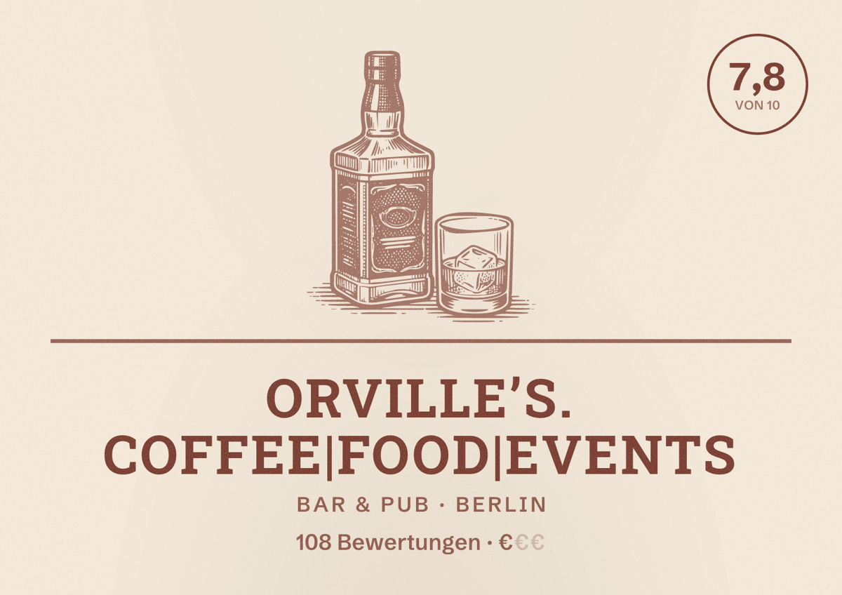 Illustriertes Poster von Orville’s. Coffee|Food|Events, Bar & Pub in Berlin: Bewertung 7,8 von 10 aus 108 Bewertungen, Preisniveau €