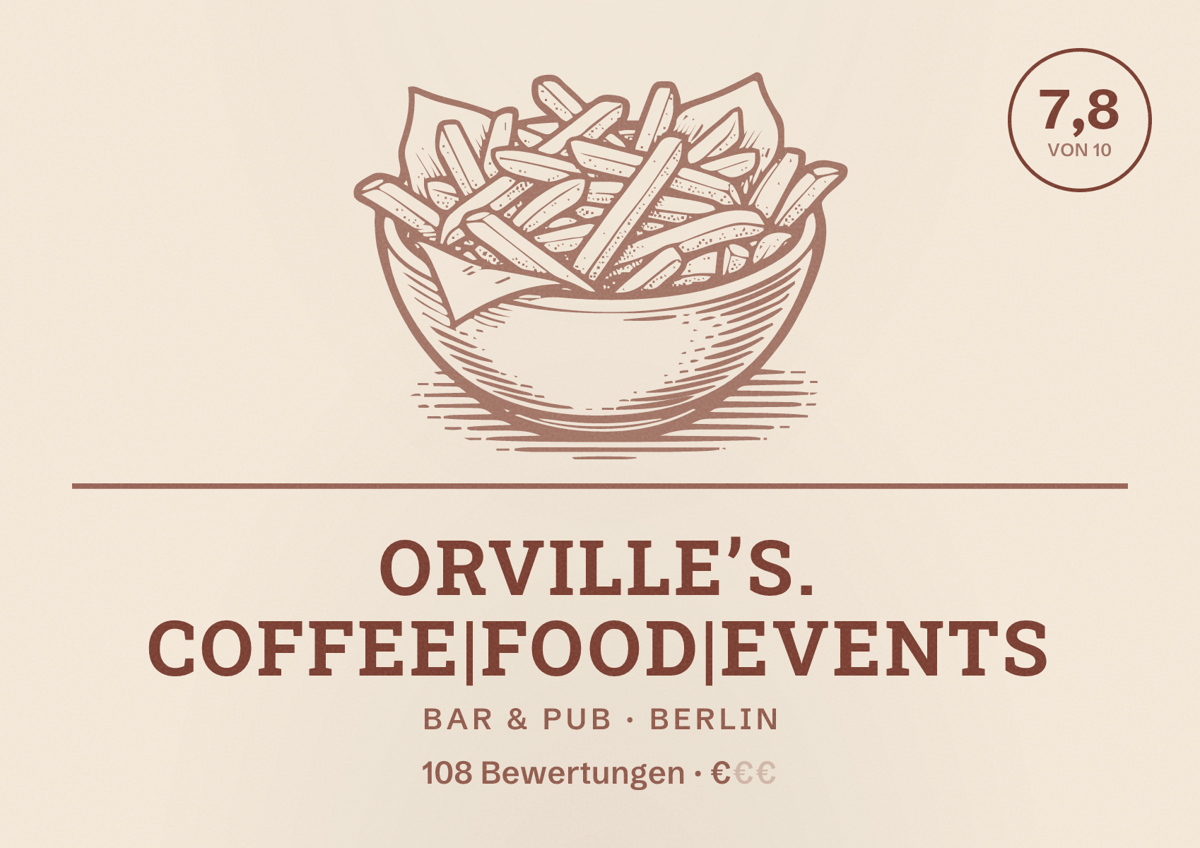 Illustriertes Poster von Orville’s. Coffee|Food|Events, Bar & Pub in Berlin: Bewertung 7,8 von 10 aus 108 Bewertungen, Preisniveau €