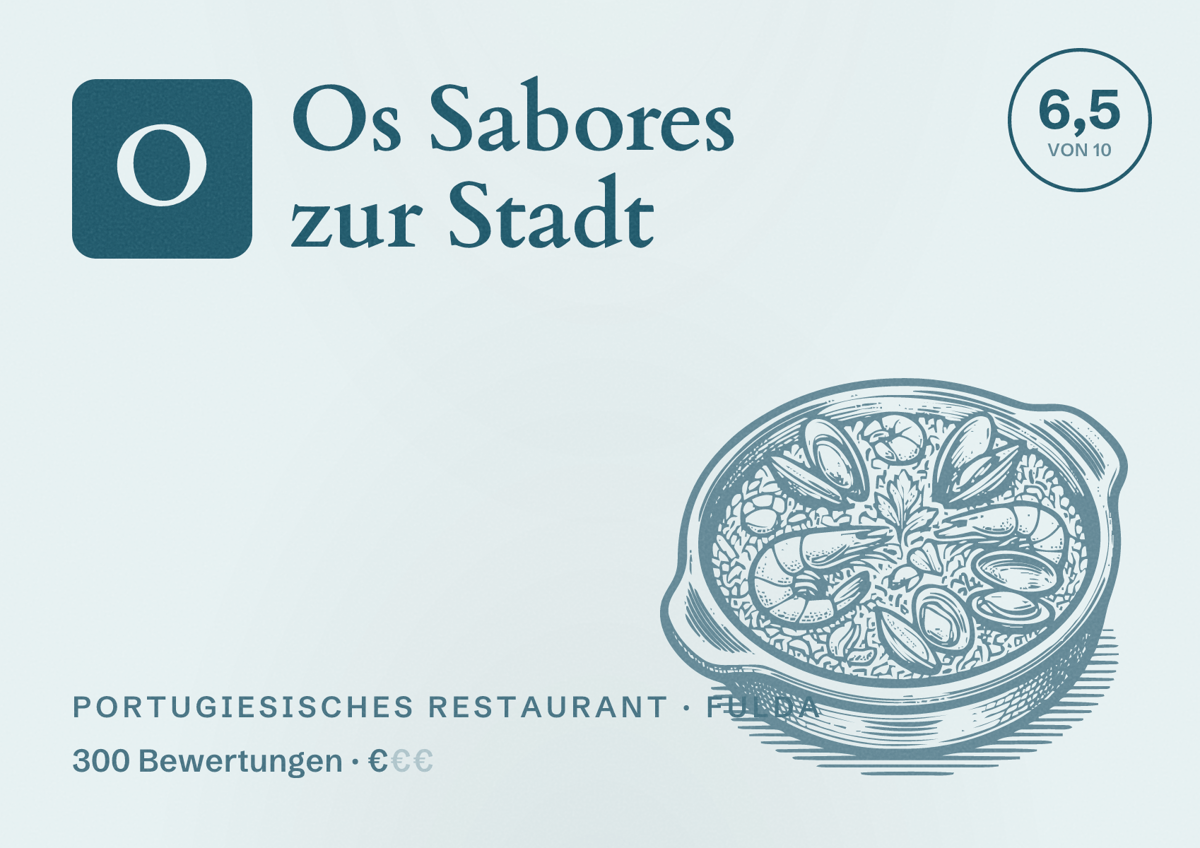 Illustriertes Poster von Os Sabores zur Stadt, Portugiesisches Restaurant in Fulda: Bewertung 6,5 von 10 aus 300 Bewertungen, Preisniveau €