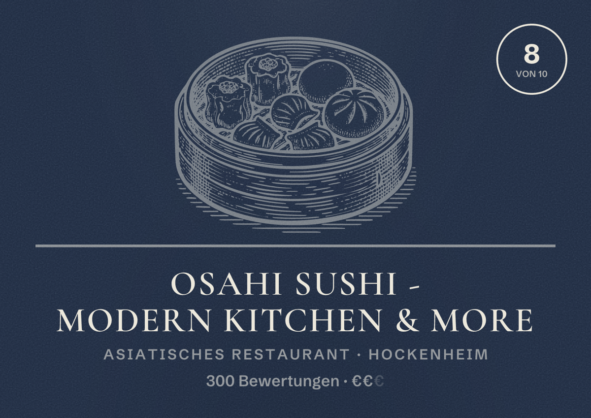 Illustriertes Poster von Osahi Sushi - Modern Kitchen & More, Asiatisches Restaurant in Hockenheim: Bewertung 8 von 10 aus 300 Bewertungen, Preisniveau €€