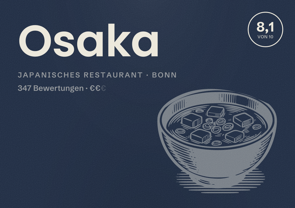 Illustriertes Poster von Osaka, Japanisches Restaurant in Bonn: Bewertung 8,1 von 10 aus 347 Bewertungen, Preisniveau €€