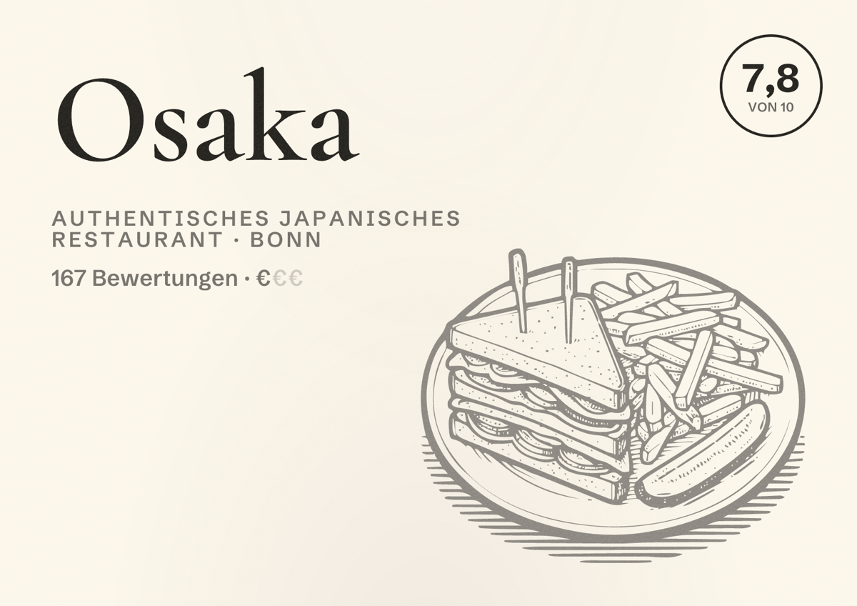 Illustriertes Poster von Osaka, Authentisches japanisches Restaurant in Bonn: Bewertung 7,8 von 10 aus 167 Bewertungen, Preisniveau €