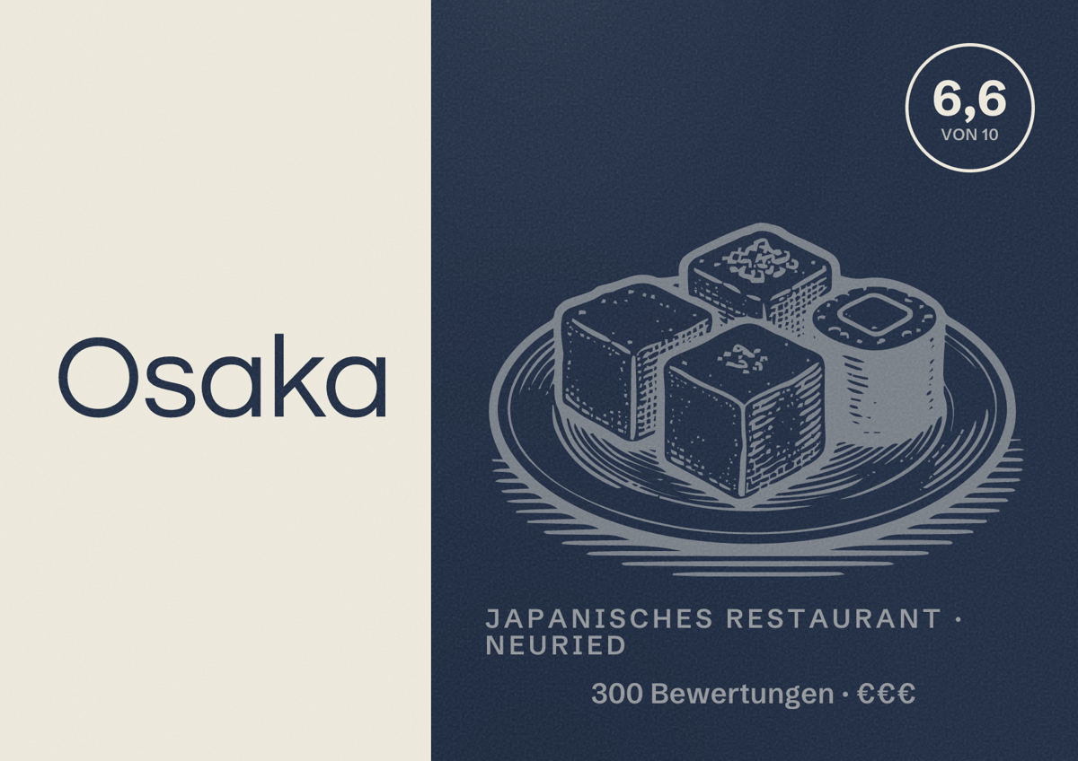 Illustriertes Poster von Osaka, Japanisches Restaurant in Neuried: Bewertung 6,6 von 10 aus 300 Bewertungen, Preisniveau €€€