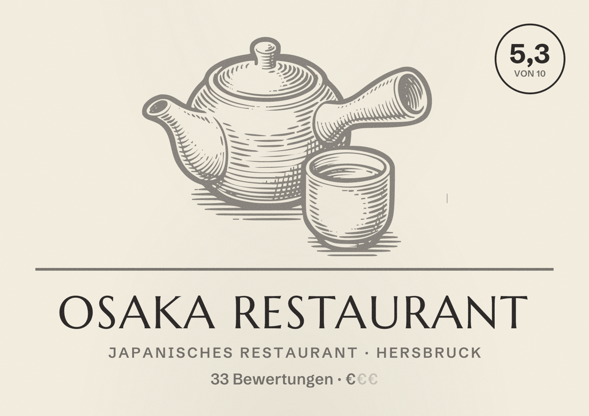 Illustriertes Poster von Osaka Restaurant, Japanisches Restaurant in Hersbruck: Bewertung 5,3 von 10 aus 33 Bewertungen, Preisniveau €