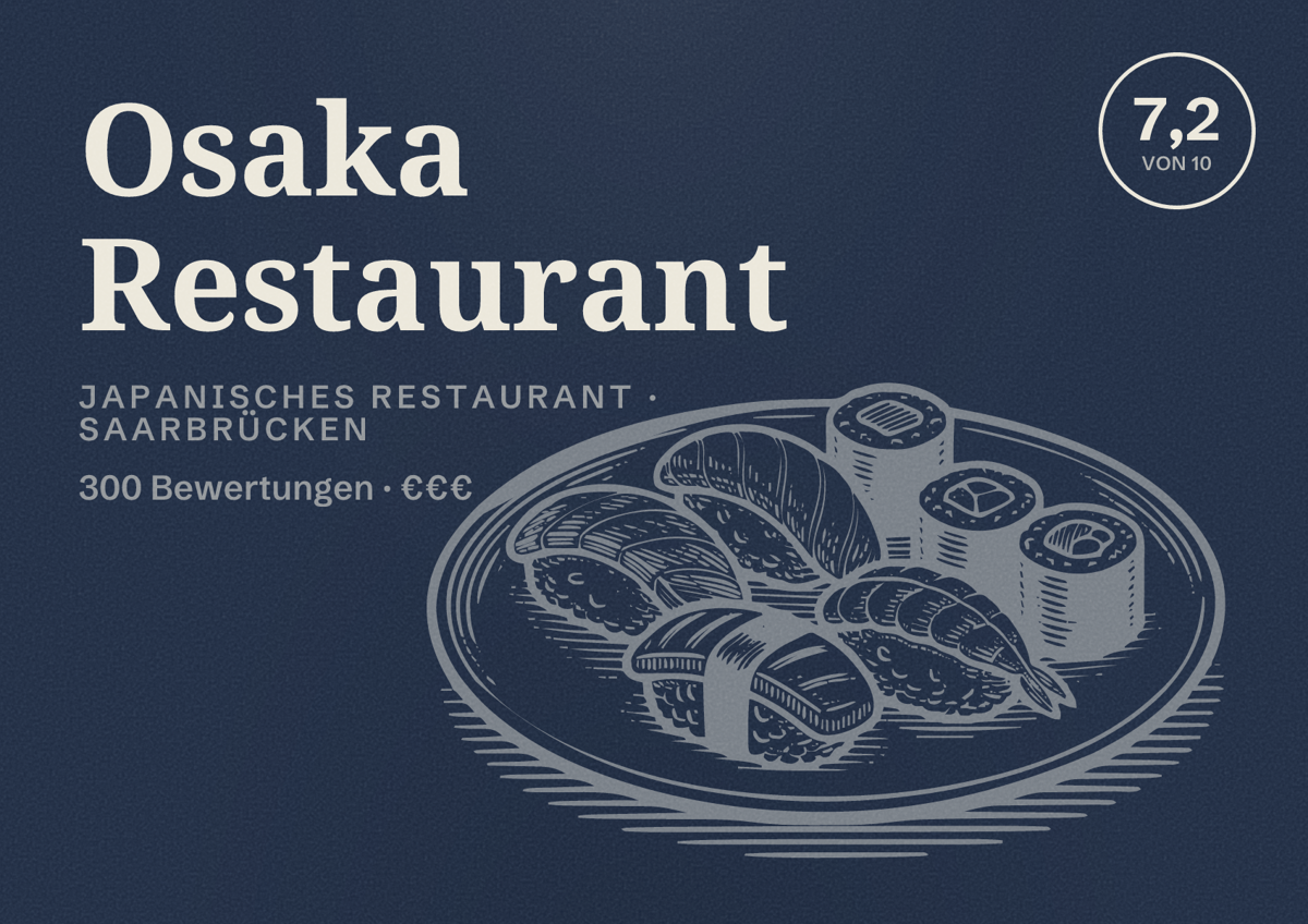 Illustriertes Poster von Osaka Restaurant, Japanisches Restaurant in Saarbrücken: Bewertung 7,2 von 10 aus 300 Bewertungen, Preisniveau €€€