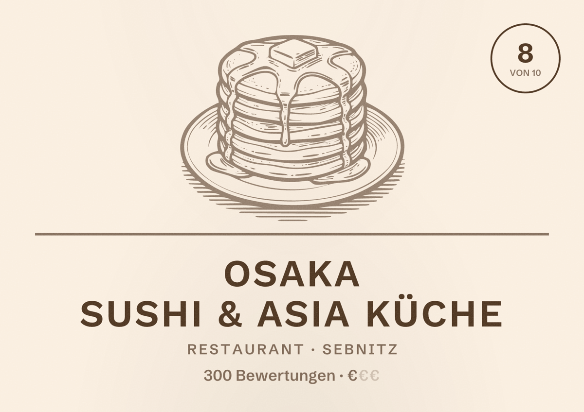 Illustriertes Poster von Osaka Sushi & Asia Küche, Restaurant in Sebnitz: Bewertung 8 von 10 aus 300 Bewertungen, Preisniveau €