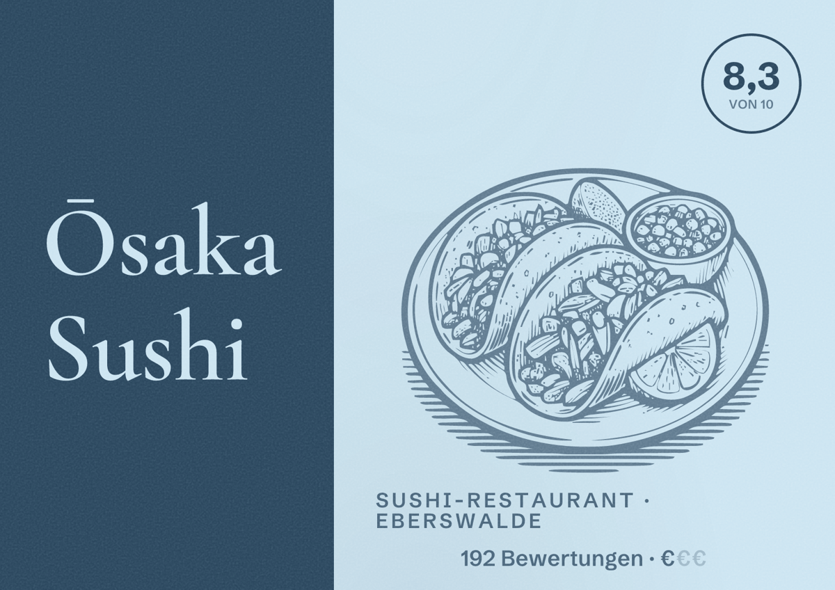 Illustriertes Poster von Ōsaka Sushi, Sushi-Restaurant in Eberswalde: Bewertung 8,3 von 10 aus 192 Bewertungen, Preisniveau €