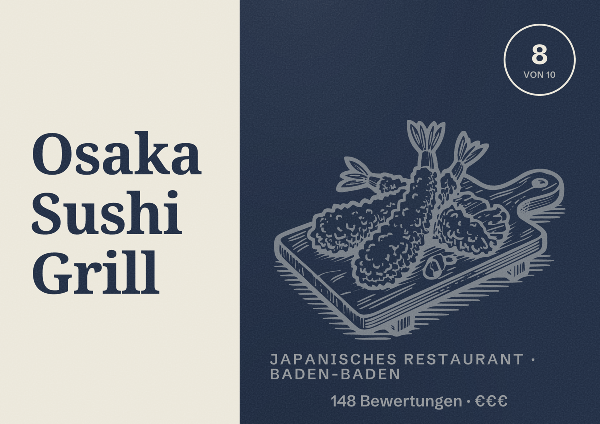 Illustriertes Poster von Osaka Sushi Grill, Japanisches Restaurant in Baden-Baden: Bewertung 8 von 10 aus 148 Bewertungen, Preisniveau €€€