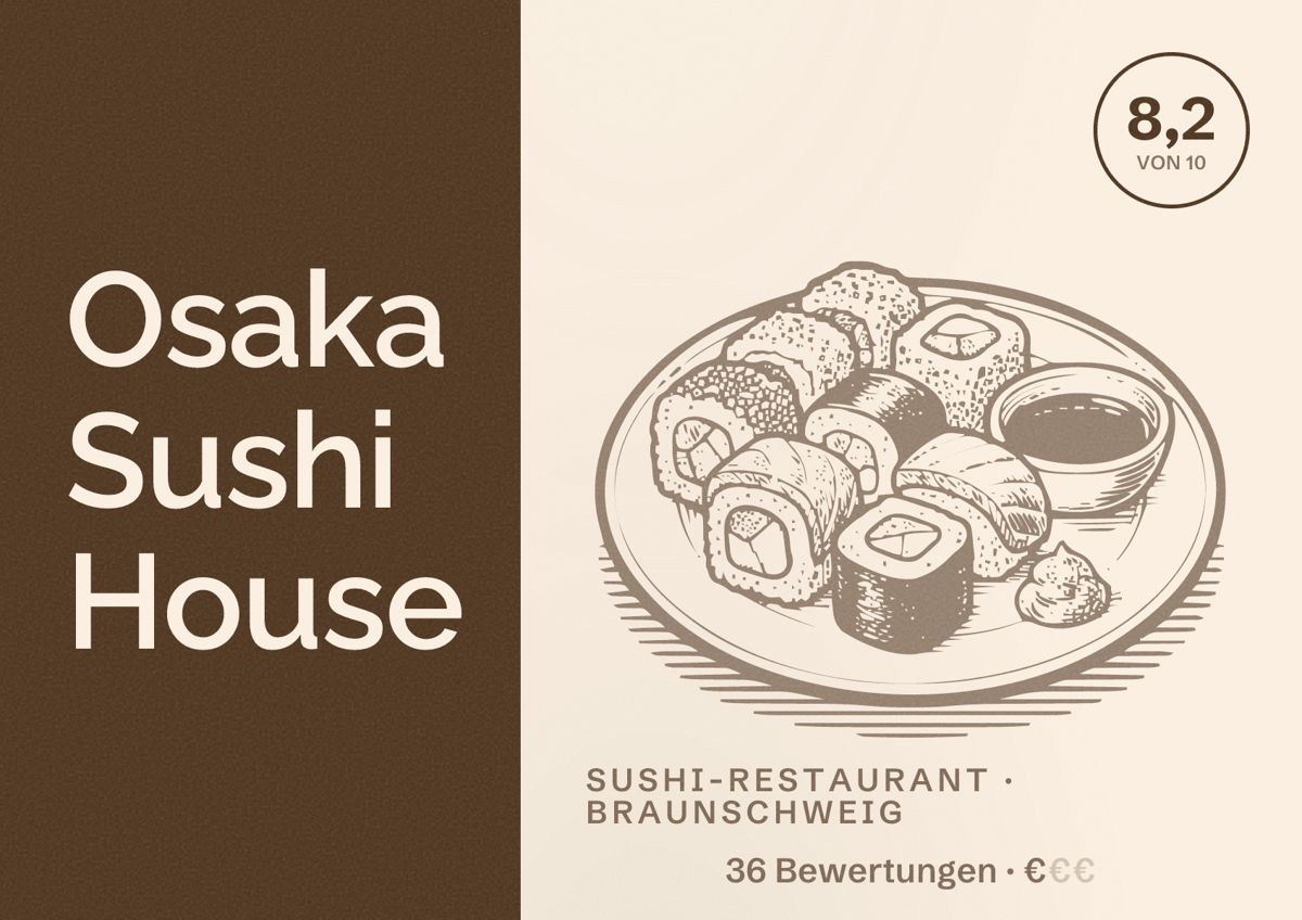 Illustriertes Poster von Osaka Sushi House, Sushi-Restaurant in Braunschweig: Bewertung 8,2 von 10 aus 36 Bewertungen, Preisniveau €