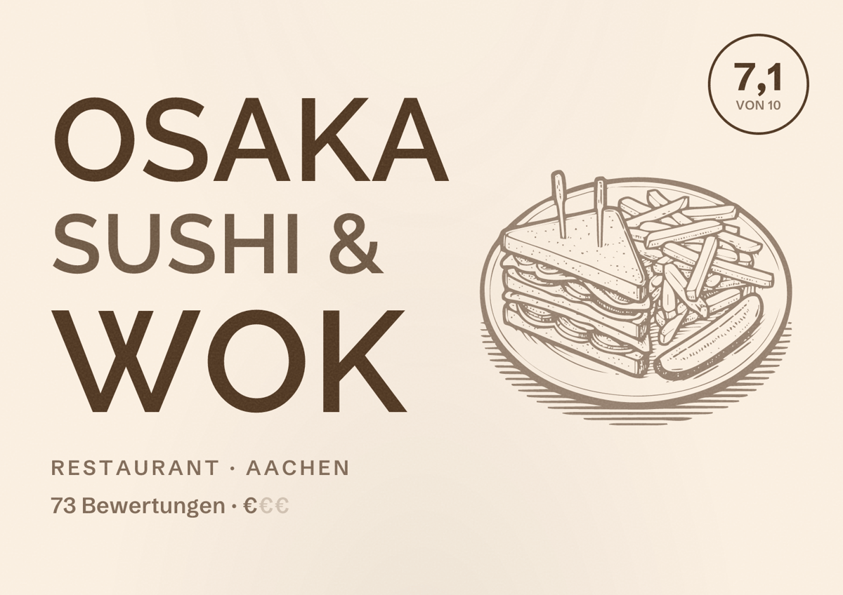 Illustriertes Poster von Osaka Sushi & Wok, Restaurant in Aachen: Bewertung 7,1 von 10 aus 73 Bewertungen, Preisniveau €