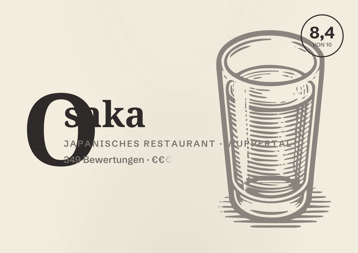 Illustriertes Poster von Osaka, Japanisches Restaurant in Wuppertal: Bewertung 8,4 von 10 aus 349 Bewertungen, Preisniveau €€