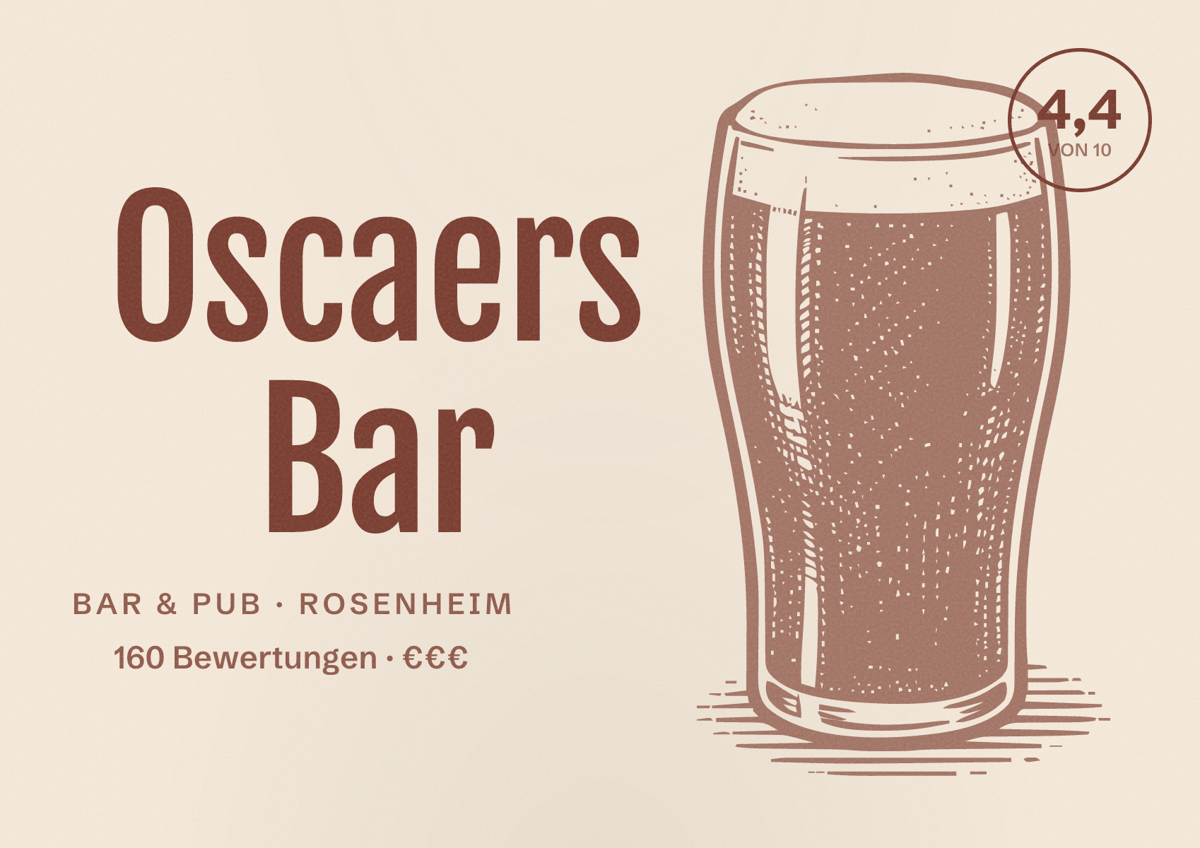 Illustriertes Poster von Oscaers Bar, Bar & Pub in Rosenheim: Bewertung 4,4 von 10 aus 160 Bewertungen, Preisniveau €€€