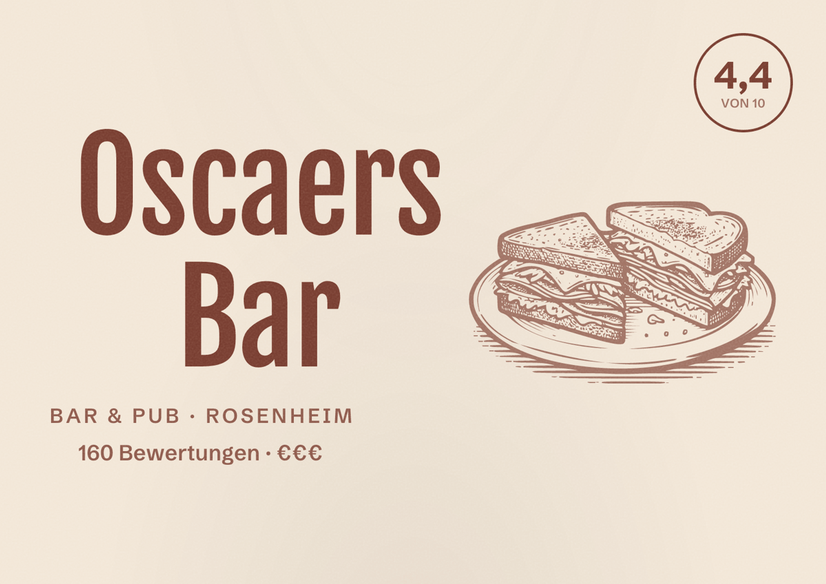Illustriertes Poster von Oscaers Bar, Bar & Pub in Rosenheim: Bewertung 4,4 von 10 aus 160 Bewertungen, Preisniveau €€€
