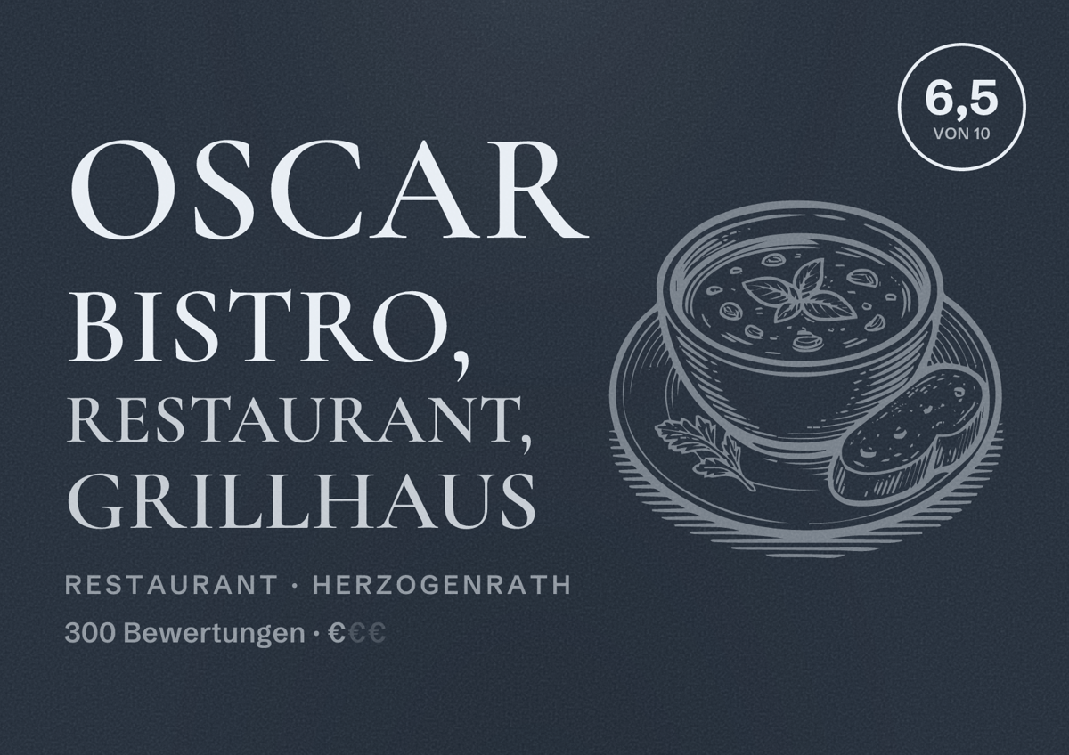 Illustriertes Poster von Oscar Bistro, Restaurant, Grillhaus, Restaurant in Herzogenrath: Bewertung 6,5 von 10 aus 300 Bewertungen, Preisniveau €