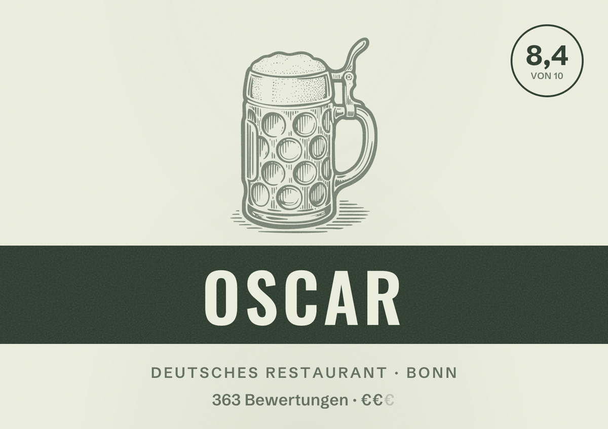 Illustriertes Poster von OSCAR, Deutsches Restaurant in Bonn: Bewertung 8,4 von 10 aus 363 Bewertungen, Preisniveau €€