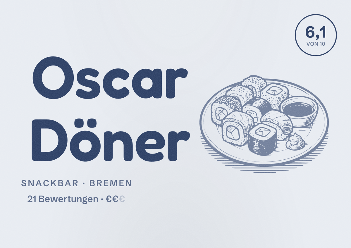 Illustriertes Poster von Oscar Döner, Snackbar in Bremen: Bewertung 6,1 von 10 aus 21 Bewertungen, Preisniveau €€