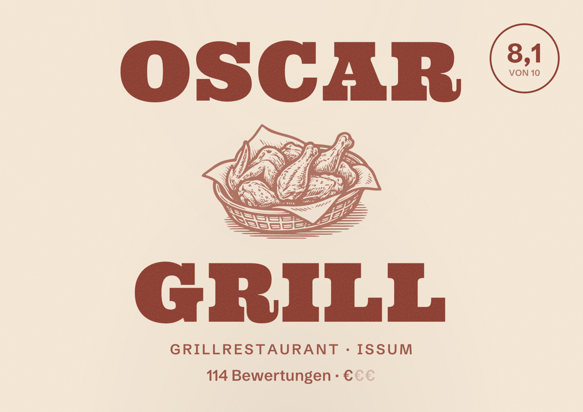 Illustriertes Poster von Oscar Grill, Grillrestaurant in Issum: Bewertung 8,1 von 10 aus 114 Bewertungen, Preisniveau €