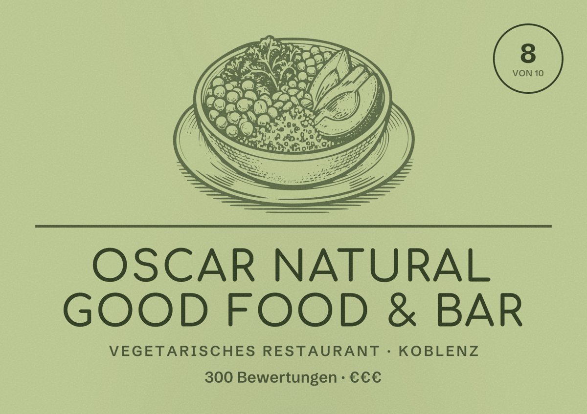 Illustriertes Poster von oscar natural good food & bar, Vegetarisches Restaurant in Koblenz: Bewertung 8 von 10 aus 300 Bewertungen, Preisniveau €€€