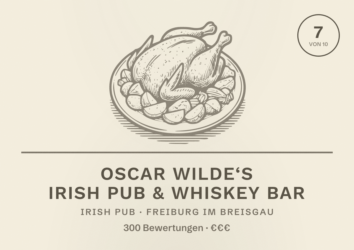 Illustriertes Poster von Oscar Wilde‘s Irish Pub & Whiskey Bar, Irish Pub in Freiburg im Breisgau: Bewertung 7 von 10 aus 300 Bewertungen, Preisniveau €€€
