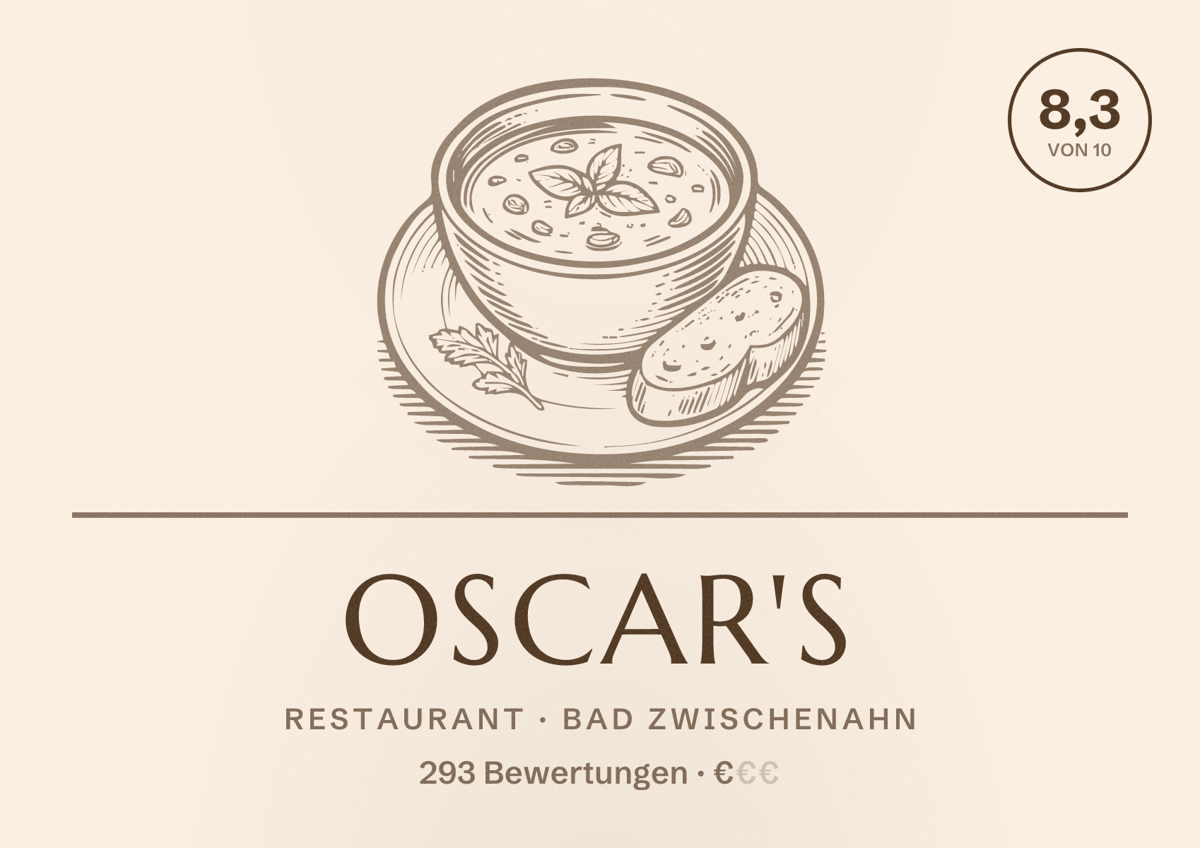Illustriertes Poster von Oscar's, Restaurant in Bad Zwischenahn: Bewertung 8,3 von 10 aus 293 Bewertungen, Preisniveau €