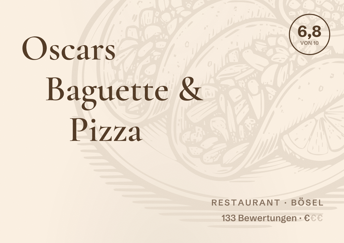 Illustriertes Poster von Oscars Baguette & Pizza, Restaurant in Bösel: Bewertung 6,8 von 10 aus 133 Bewertungen, Preisniveau €