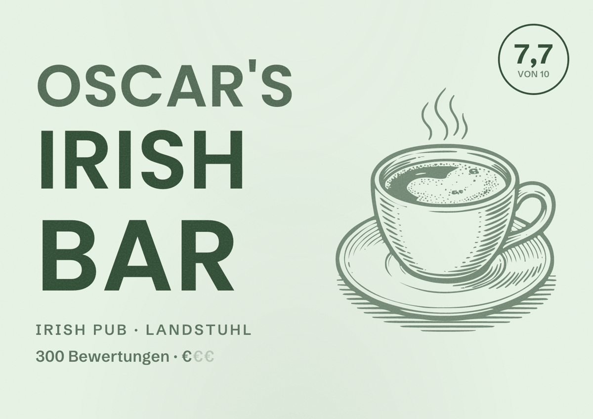 Illustriertes Poster von Oscar's Irish Bar, Irish Pub in Landstuhl: Bewertung 7,7 von 10 aus 300 Bewertungen, Preisniveau €
