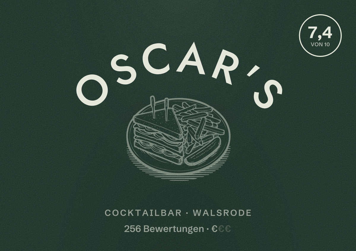 Illustriertes Poster von Oscar's, Cocktailbar in Walsrode: Bewertung 7,4 von 10 aus 256 Bewertungen, Preisniveau €