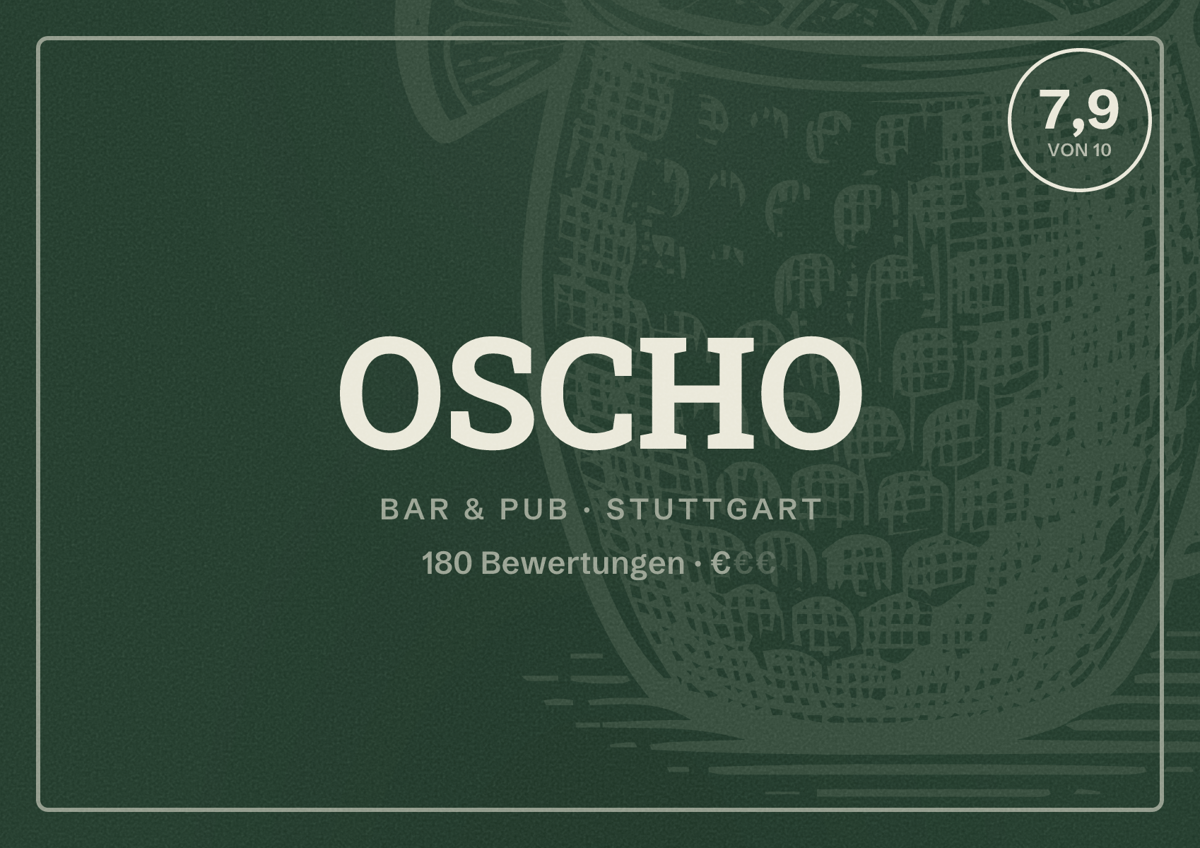 Illustriertes Poster von OSCHO, Bar & Pub in Stuttgart: Bewertung 7,9 von 10 aus 180 Bewertungen, Preisniveau €