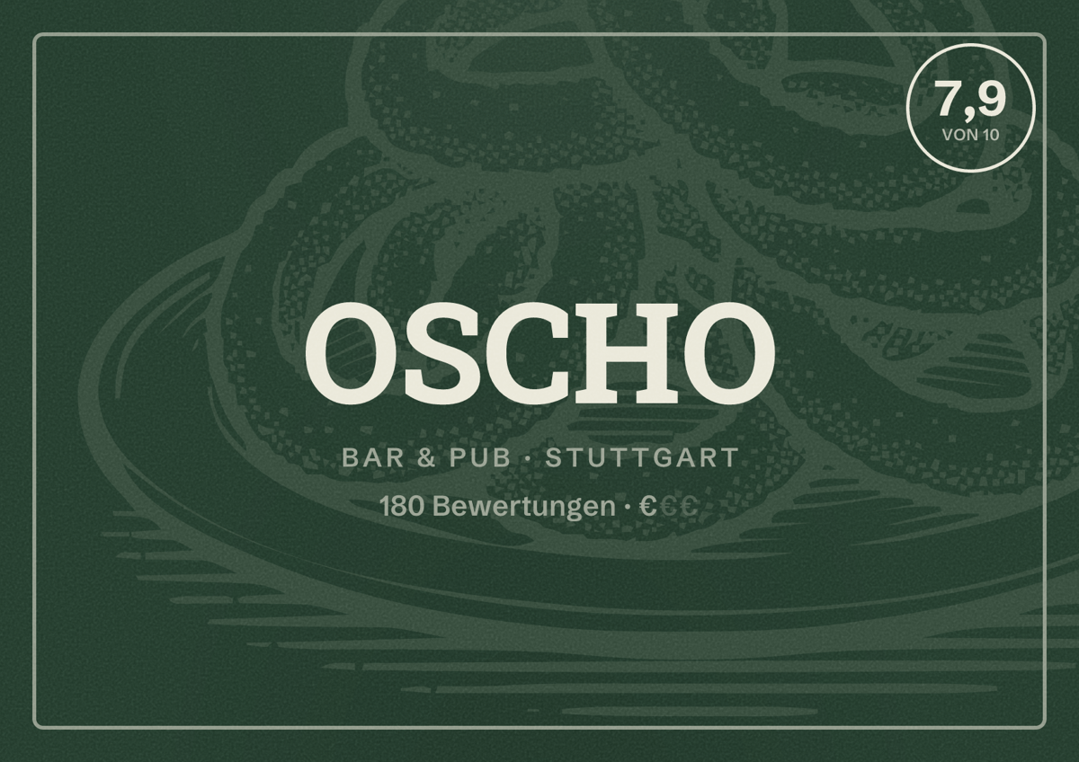 Illustriertes Poster von OSCHO, Bar & Pub in Stuttgart: Bewertung 7,9 von 10 aus 180 Bewertungen, Preisniveau €