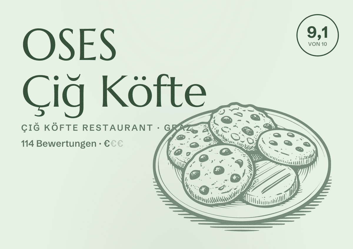 Illustriertes Poster von OSES Çiğ Köfte, Çiğ Köfte Restaurant in Graz: Bewertung 9,1 von 10 aus 114 Bewertungen, Preisniveau €