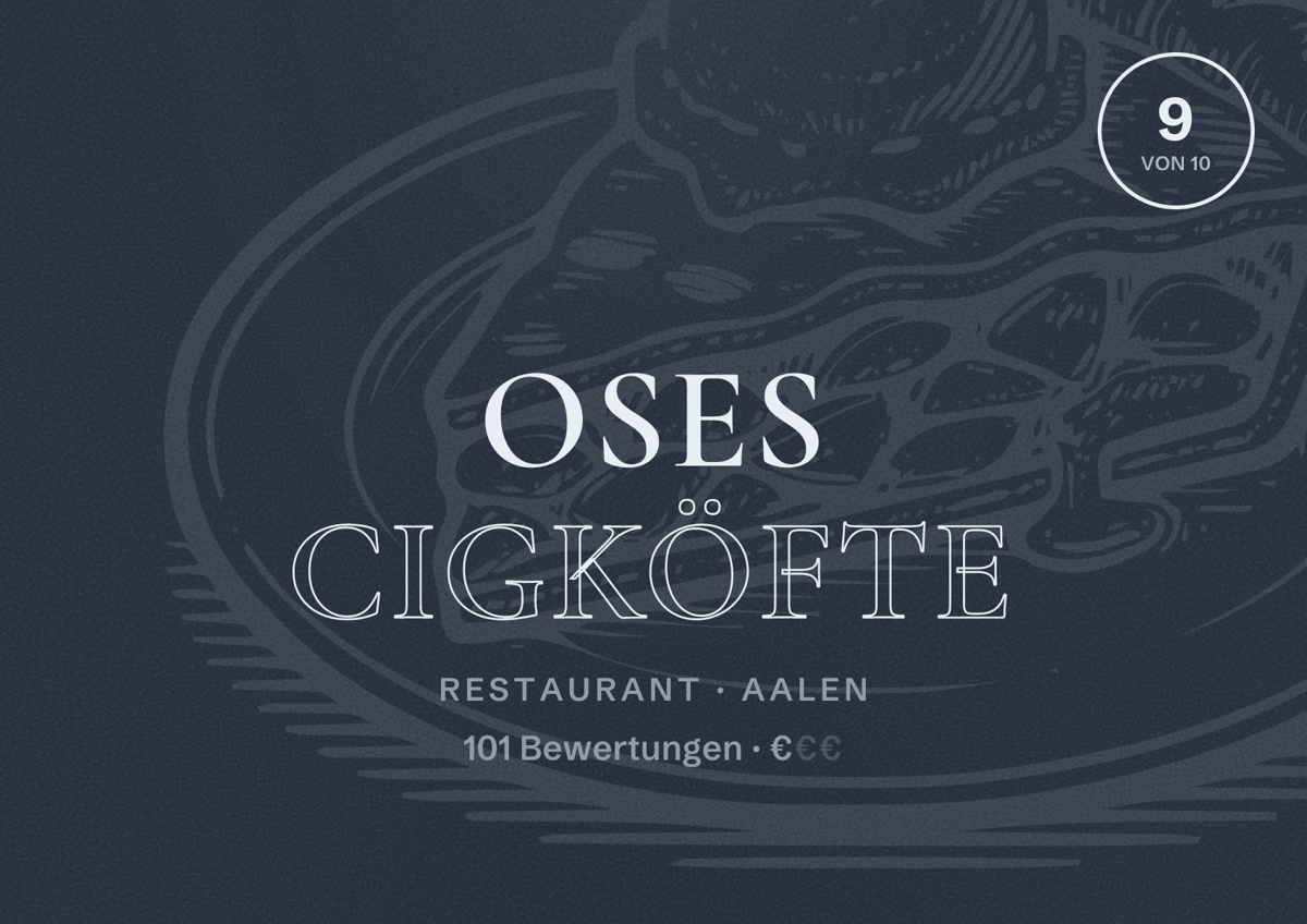 Illustriertes Poster von Oses Cigköfte, Restaurant in Aalen: Bewertung 9 von 10 aus 101 Bewertungen, Preisniveau €