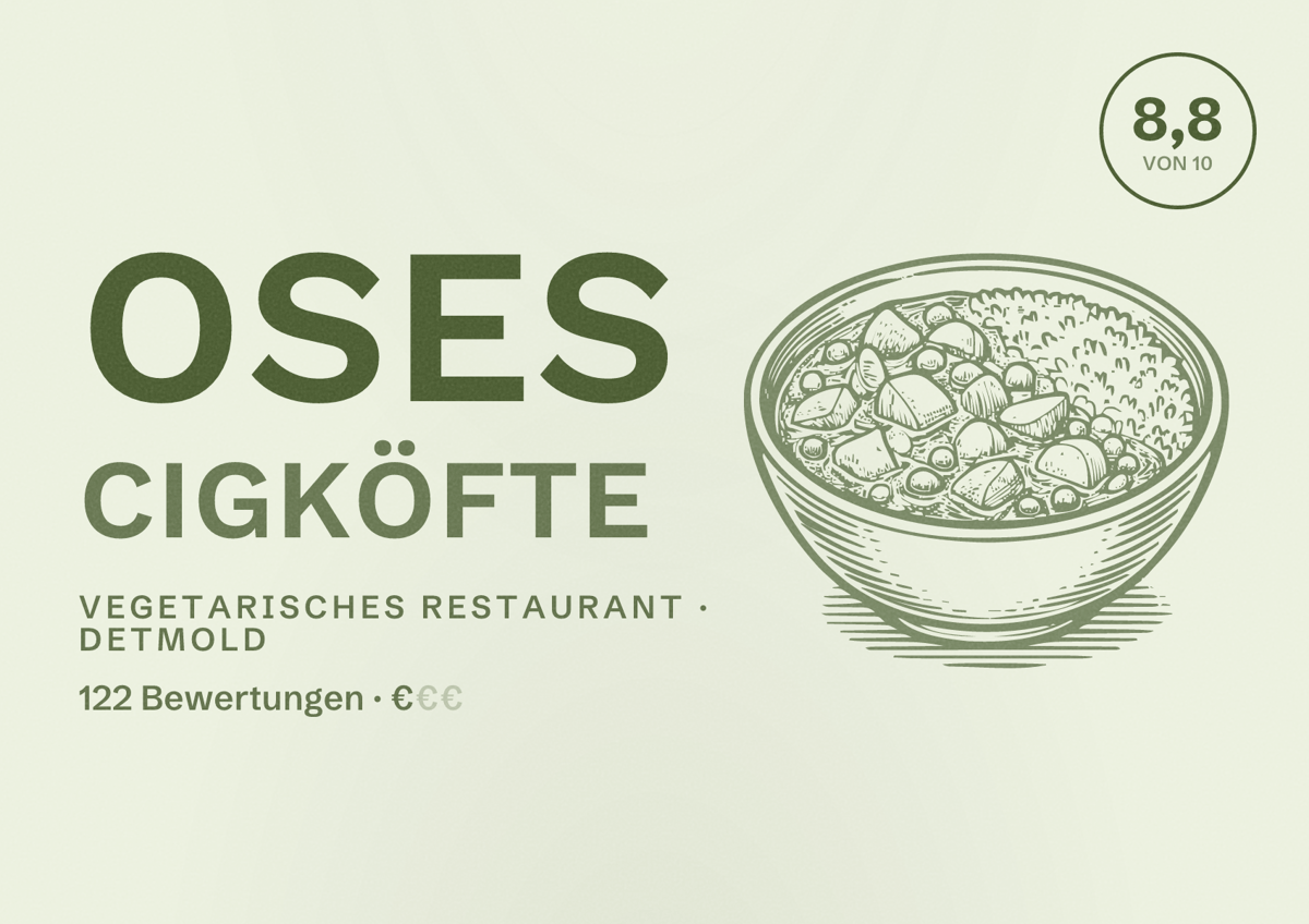 Illustriertes Poster von Oses Cigköfte, Vegetarisches Restaurant in Detmold: Bewertung 8,8 von 10 aus 122 Bewertungen, Preisniveau €