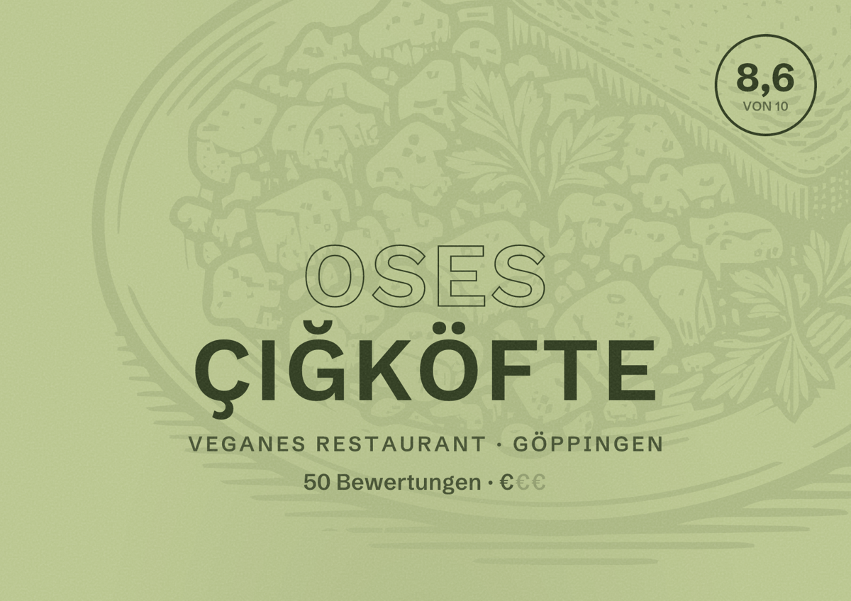 Illustriertes Poster von Oses Çiğköfte, Veganes Restaurant in Göppingen: Bewertung 8,6 von 10 aus 50 Bewertungen, Preisniveau €