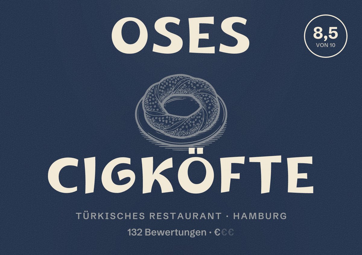 Illustriertes Poster von Oses Cigköfte, Türkisches Restaurant in Hamburg: Bewertung 8,5 von 10 aus 132 Bewertungen, Preisniveau €