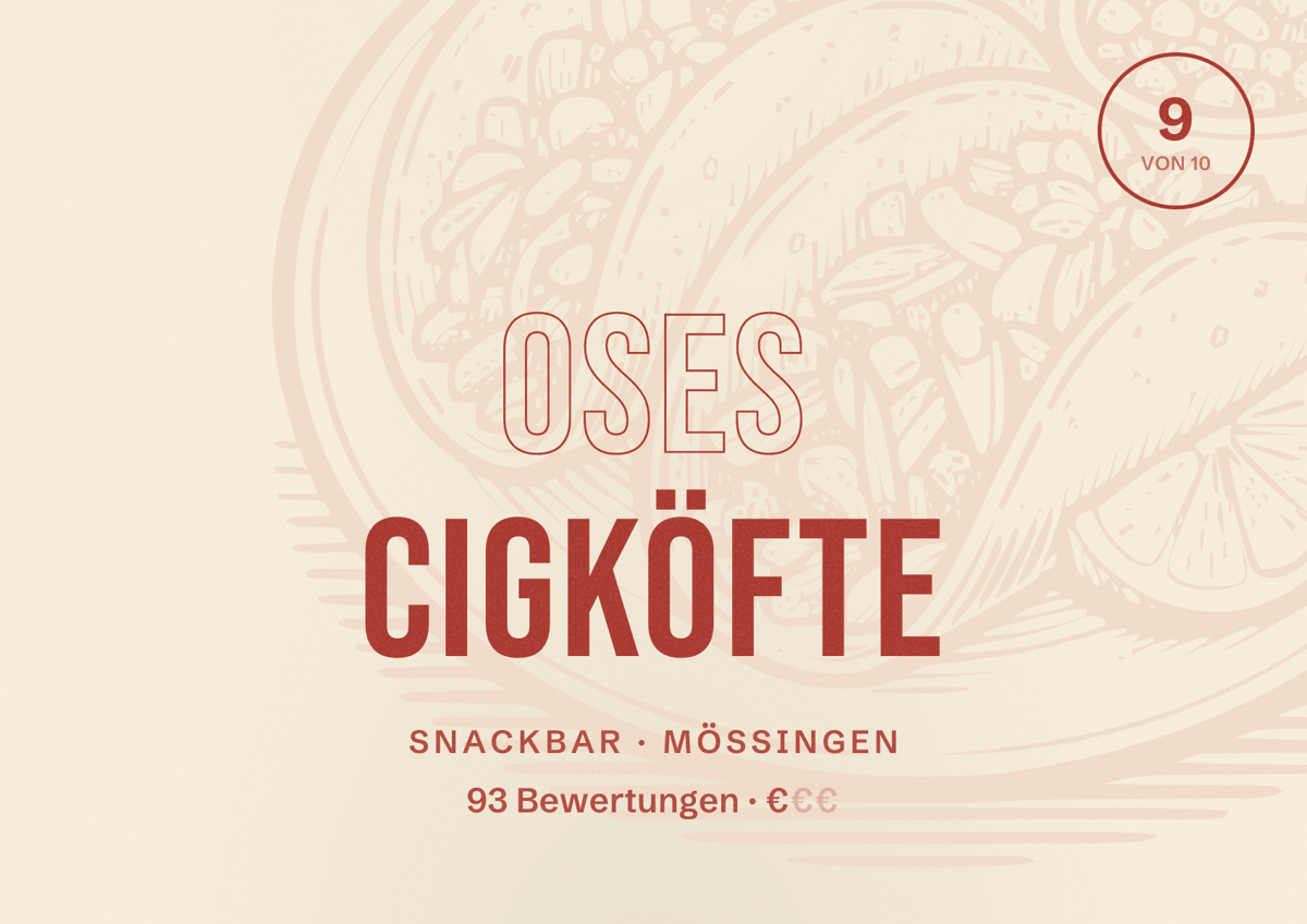 Illustriertes Poster von Oses Cigköfte, Snackbar in Mössingen: Bewertung 9 von 10 aus 93 Bewertungen, Preisniveau €