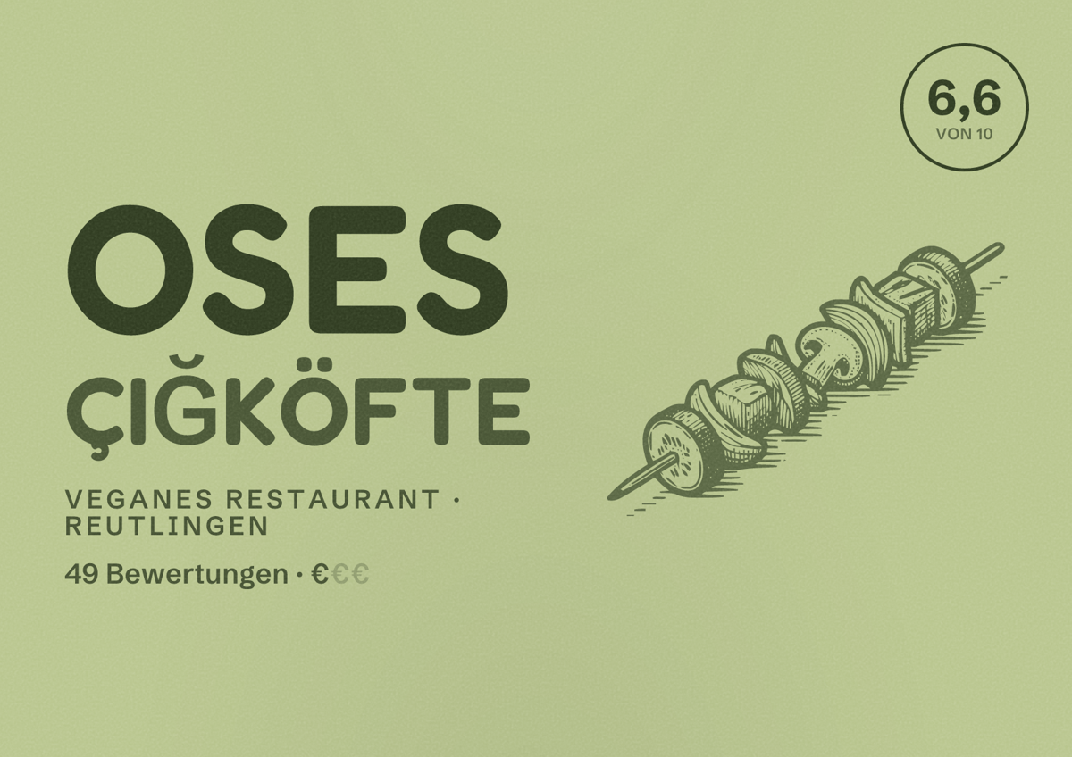 Illustriertes Poster von Oses Çiğköfte, Veganes Restaurant in Reutlingen: Bewertung 6,6 von 10 aus 49 Bewertungen, Preisniveau €