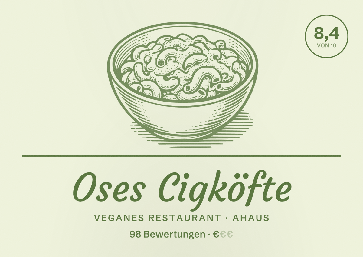 Illustriertes Poster von Oses Cigköfte, Veganes Restaurant in Ahaus: Bewertung 8,4 von 10 aus 98 Bewertungen, Preisniveau €