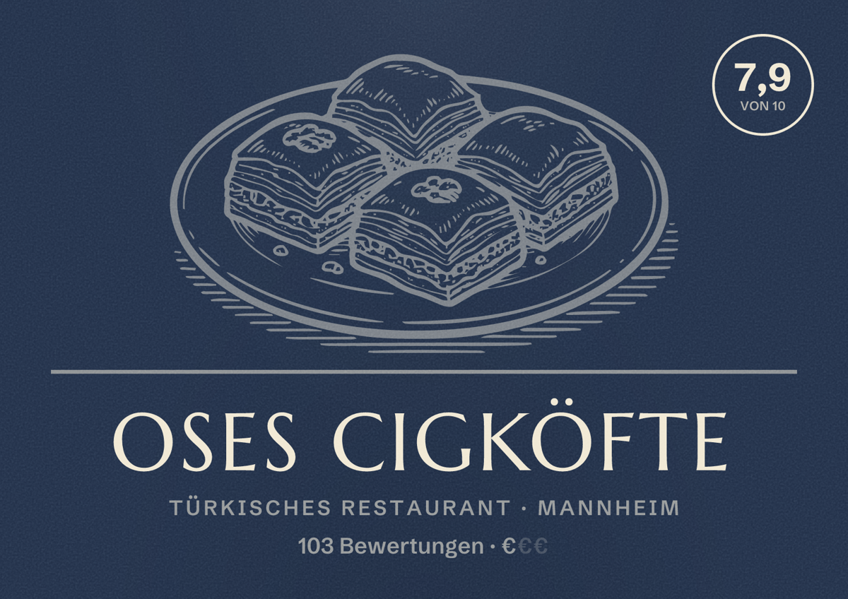 Illustriertes Poster von Oses Cigköfte, Türkisches Restaurant in Mannheim: Bewertung 7,9 von 10 aus 103 Bewertungen, Preisniveau €